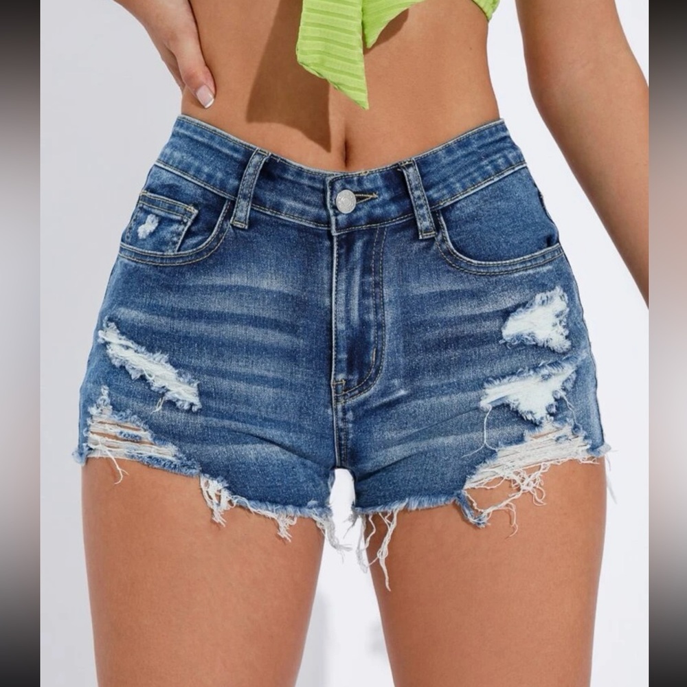 SHEIN Essnce Ripped Raw Trim Denim Shorts